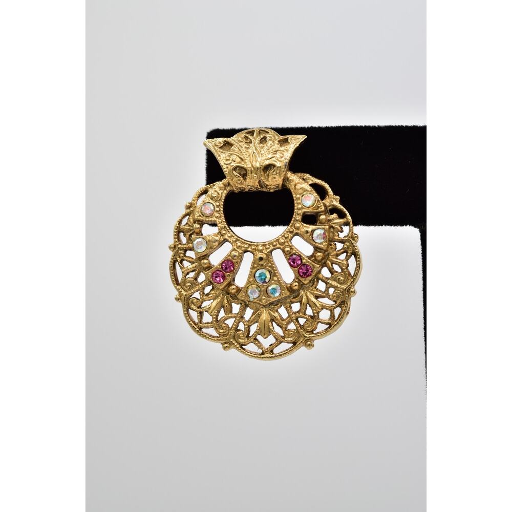 1928 Vintage Earrings Gold Filigree Pink AB Rhinestone Victorian Revival Bin5
